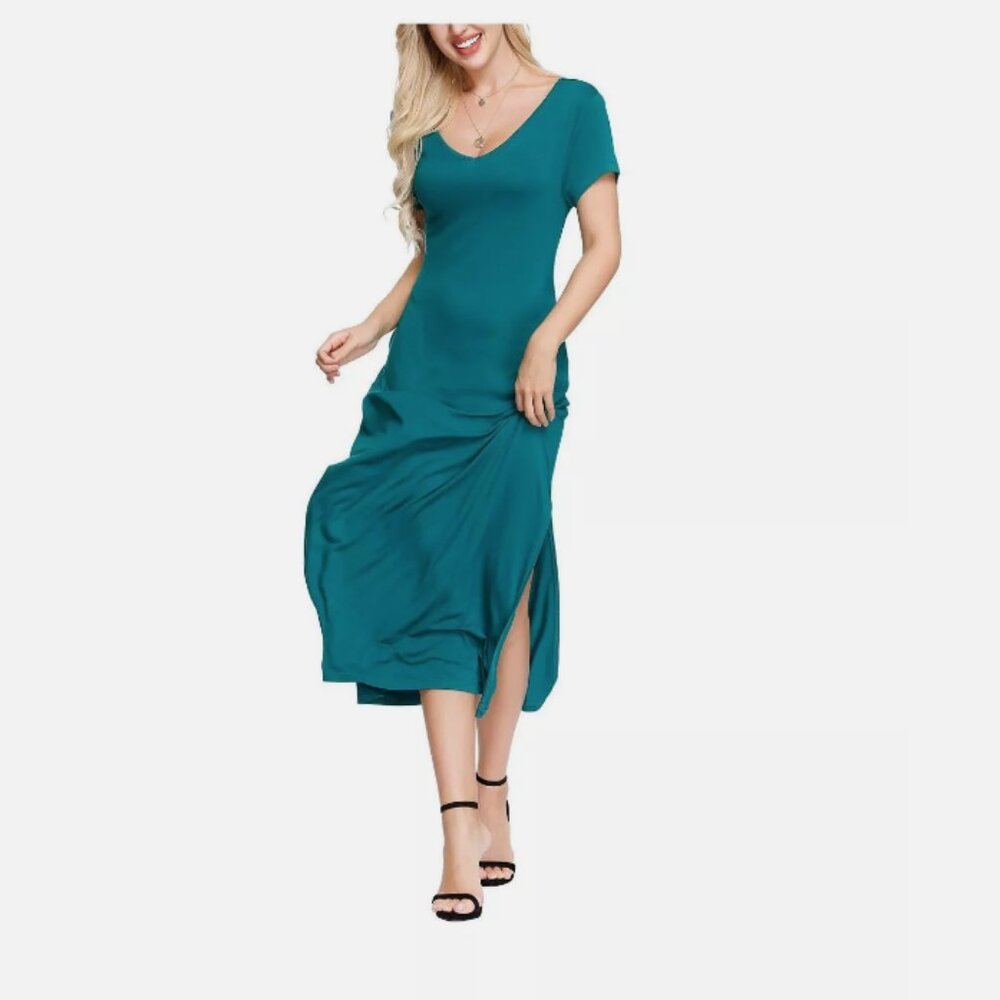 INK + IVY Women's T-Shirt Dress V-Neck Slit Maxi Green Size M